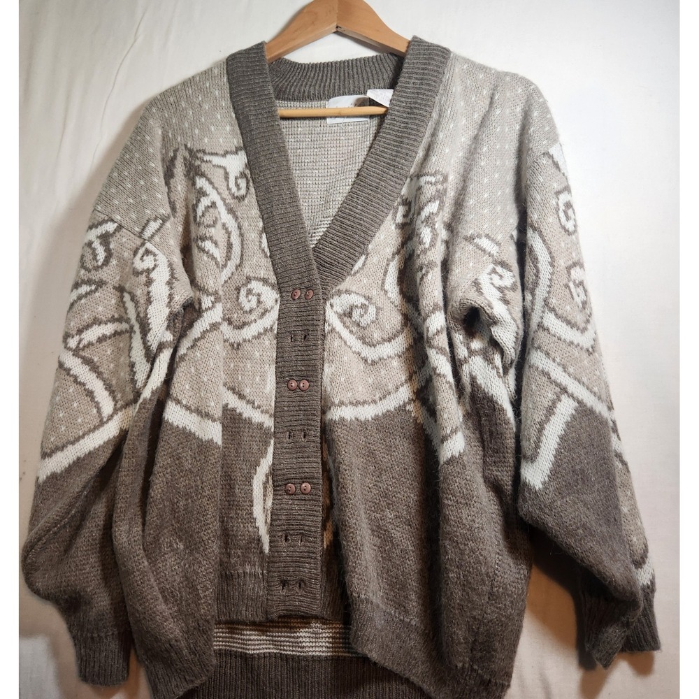 Vintage Oversized Abstract Scroll Intarsia Knit Button Front Cardigan Sweater